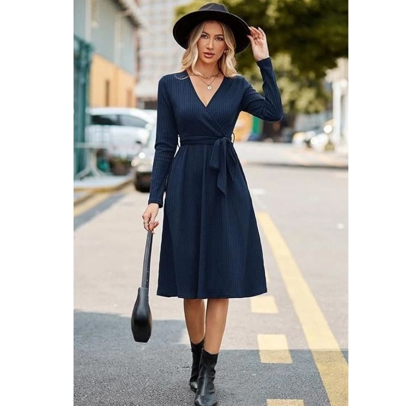 Samantha | Graceful Belted Wrap Ribbed Knit Winter Dress