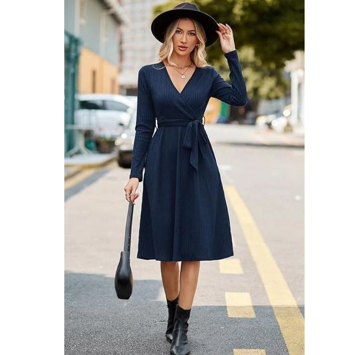 Samantha | Graceful Belted Wrap Ribbed Knit Winter Dress