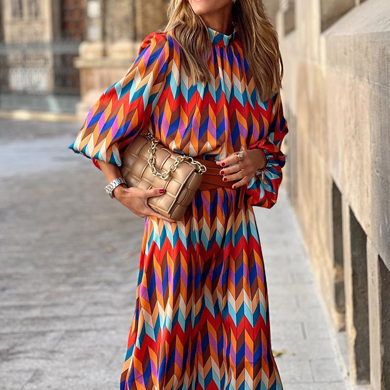 Samantha | Polished Geometric Print Holiday Dress with Balloon Sleeves