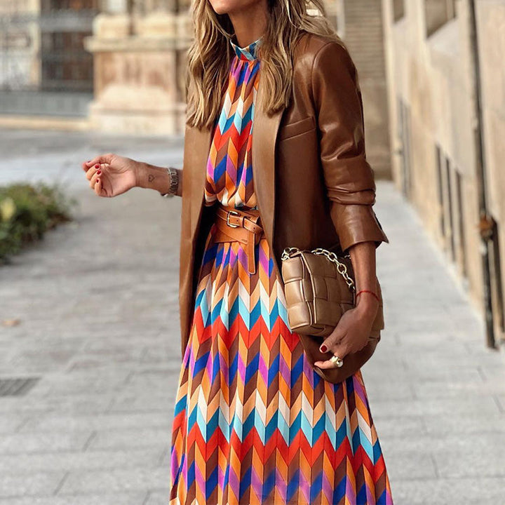 Samantha | Polished Geometric Print Holiday Dress with Balloon Sleeves