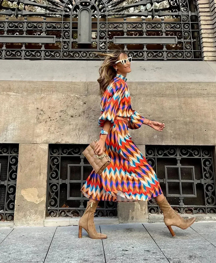 Samantha | Polished Geometric Print Holiday Dress with Balloon Sleeves