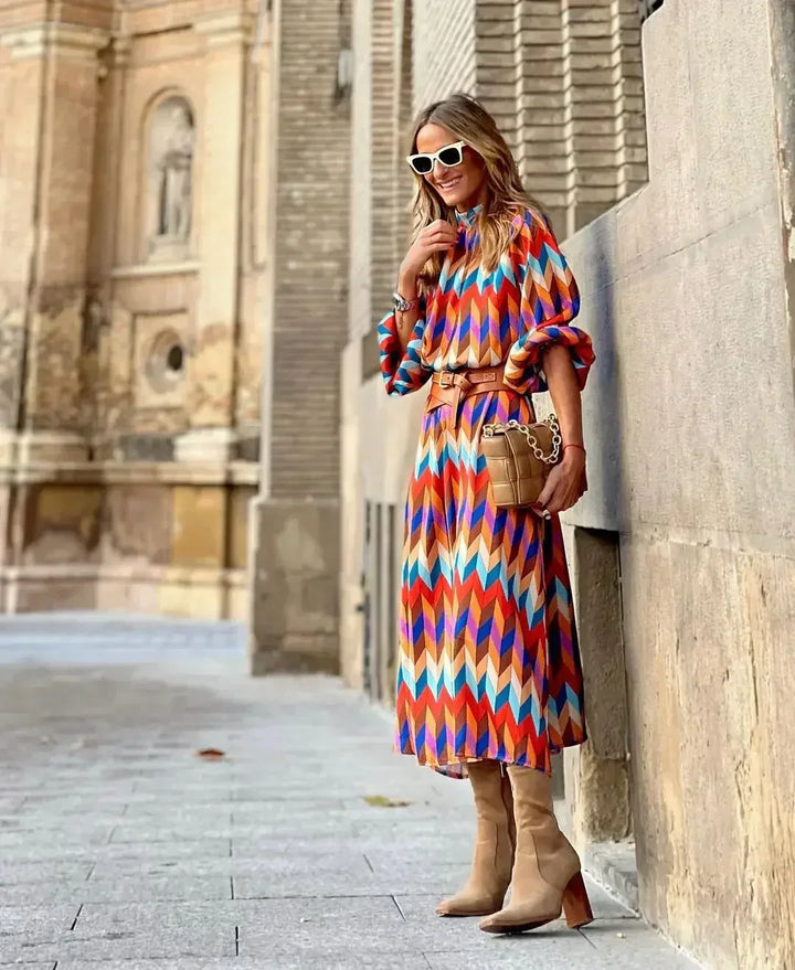 Samantha | Polished Geometric Print Holiday Dress with Balloon Sleeves