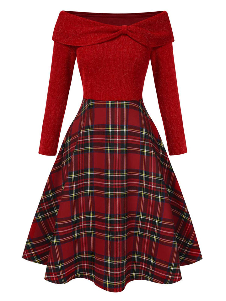 Sandra | Long Sleeve Off Shoulder Tartan Christmas Dress