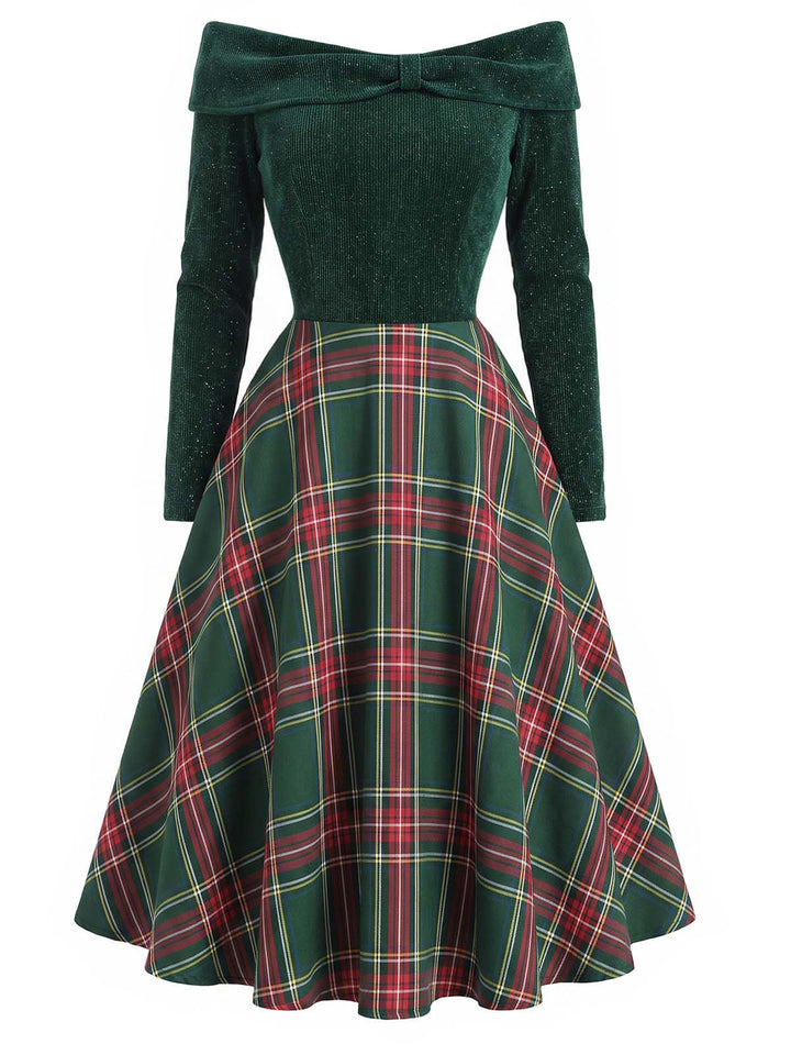 Sandra | Long Sleeve Off Shoulder Tartan Christmas Dress