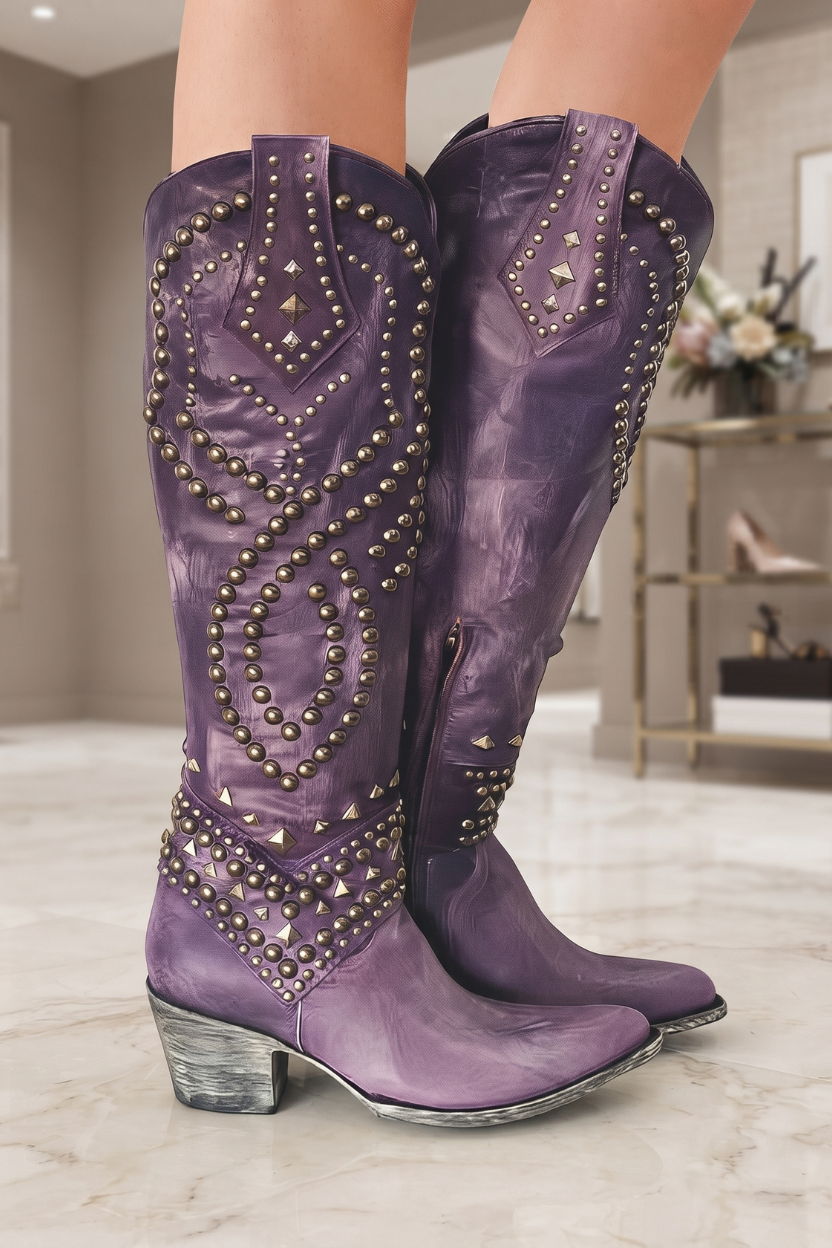 Sandra | Relaxed Studded Western Knee High Boots