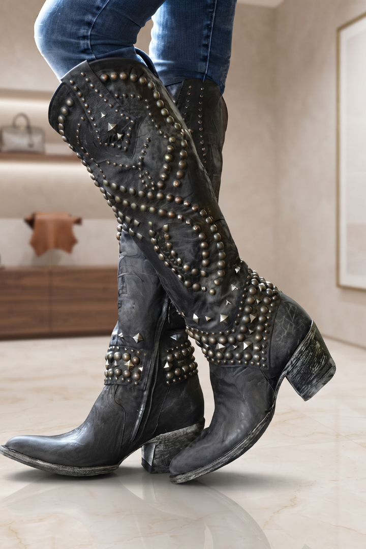 Sandra | Relaxed Studded Western Knee High Boots