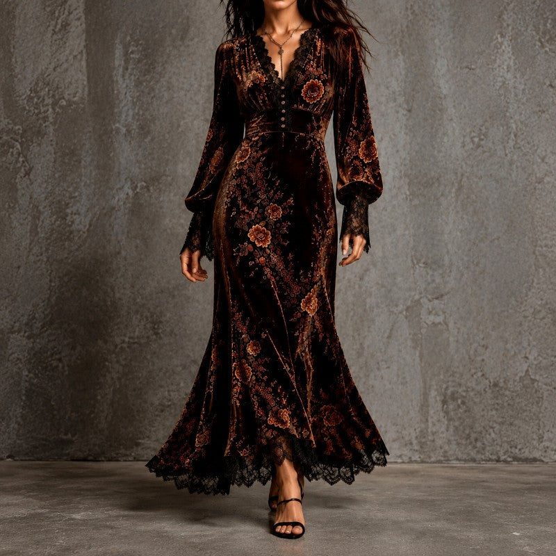 Sarah | Floral Lace-Trim Long Sleeve Maxi Christmas Dress