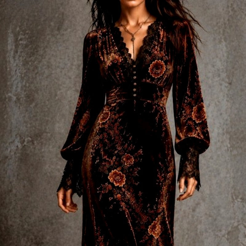 Sarah | Floral Lace-Trim Long Sleeve Maxi Christmas Dress