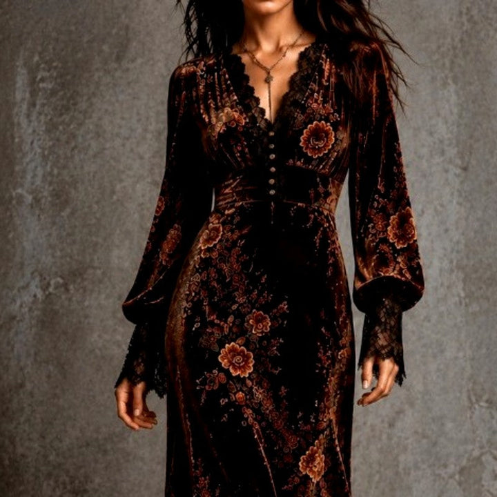 Sarah | Floral Lace-Trim Long Sleeve Maxi Christmas Dress