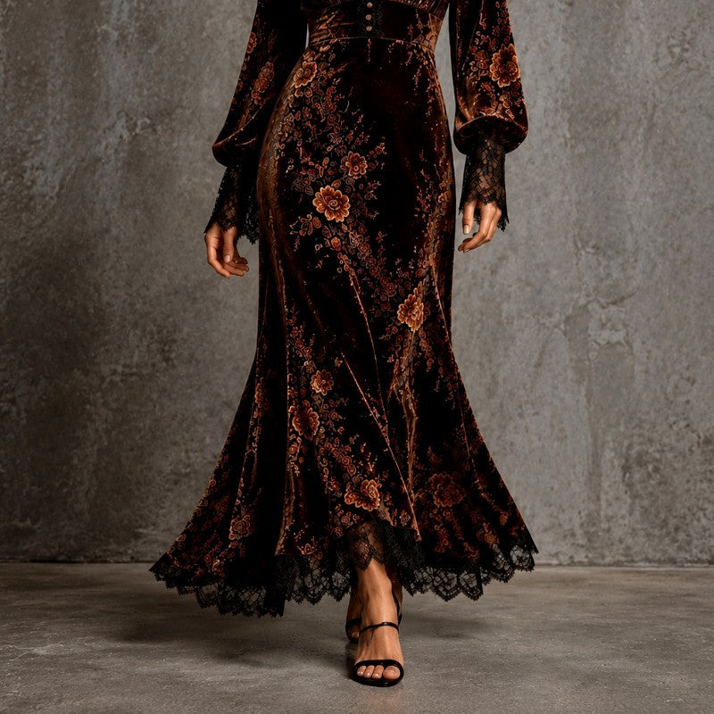 Sarah | Floral Lace-Trim Long Sleeve Maxi Christmas Dress