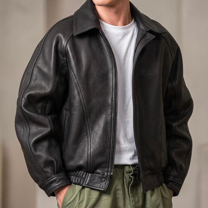 Scott | Collared Zip-Up Bomber Leather Jacket