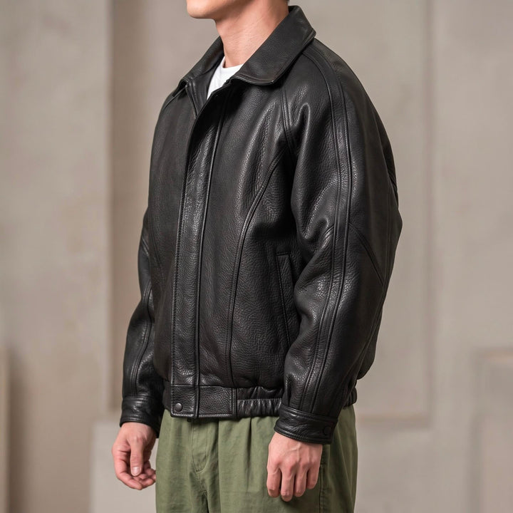 Scott | Collared Zip-Up Bomber Leather Jacket