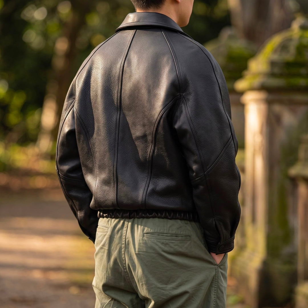 Scott | Collared Zip-Up Bomber Leather Jacket