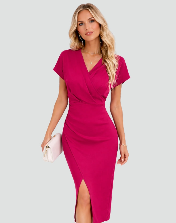 Sharon | Graceful Wrap V Neck Holiday Dress with Side Slit