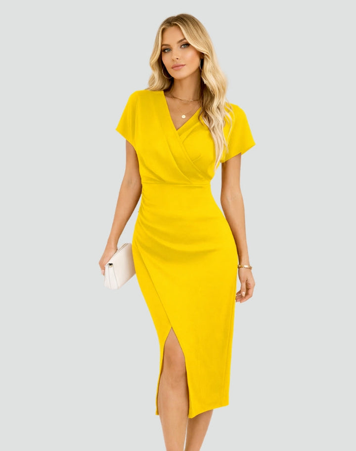 Sharon | Graceful Wrap V Neck Holiday Dress with Side Slit