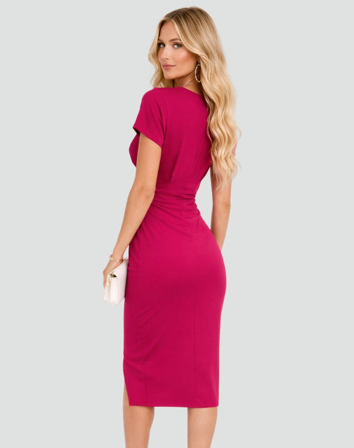 Sharon | Graceful Wrap V Neck Holiday Dress with Side Slit