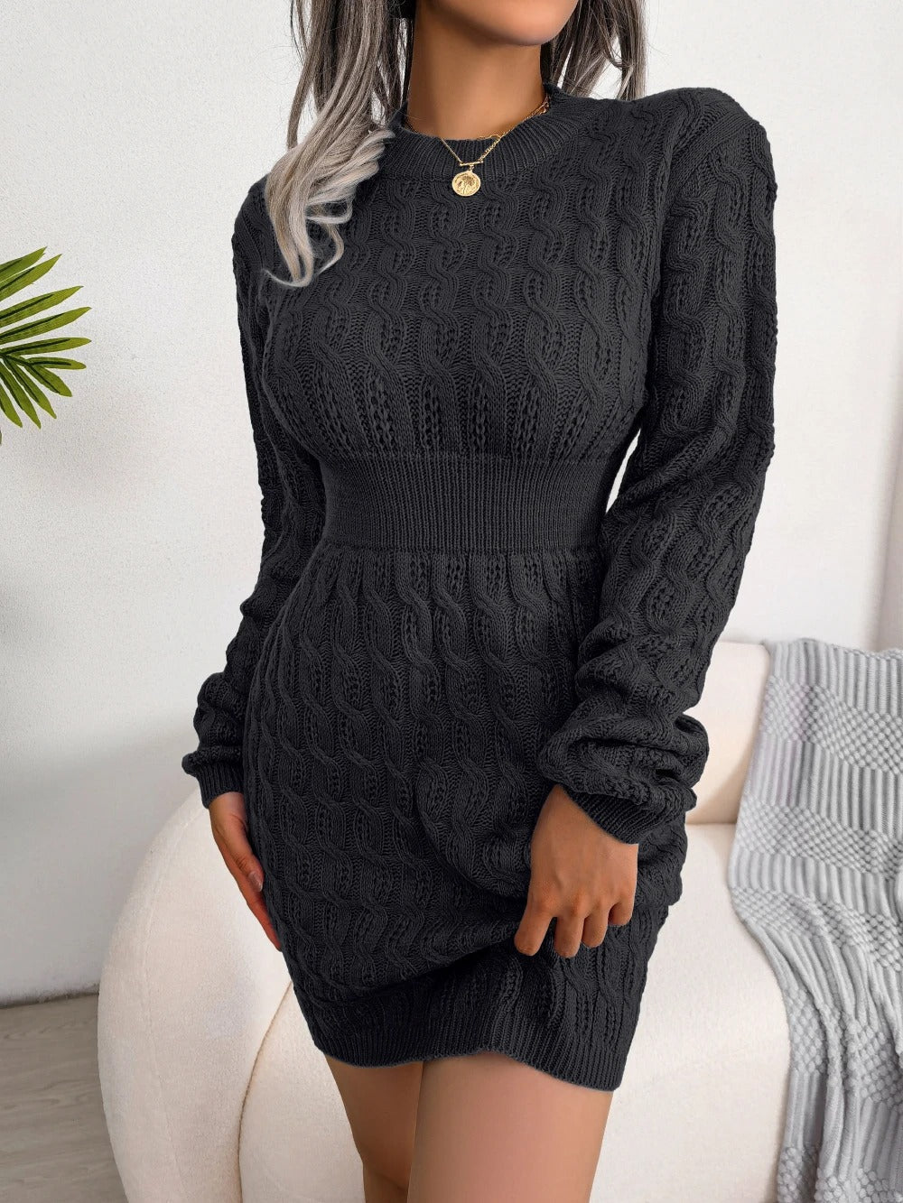 Sharon | Stylish Cable Knit Sweater Mini Dress