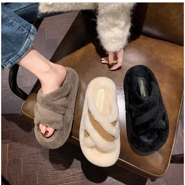 Shirley | Classic Fuzzy Cross-Strap Slippers with Cozy Fleece Lining