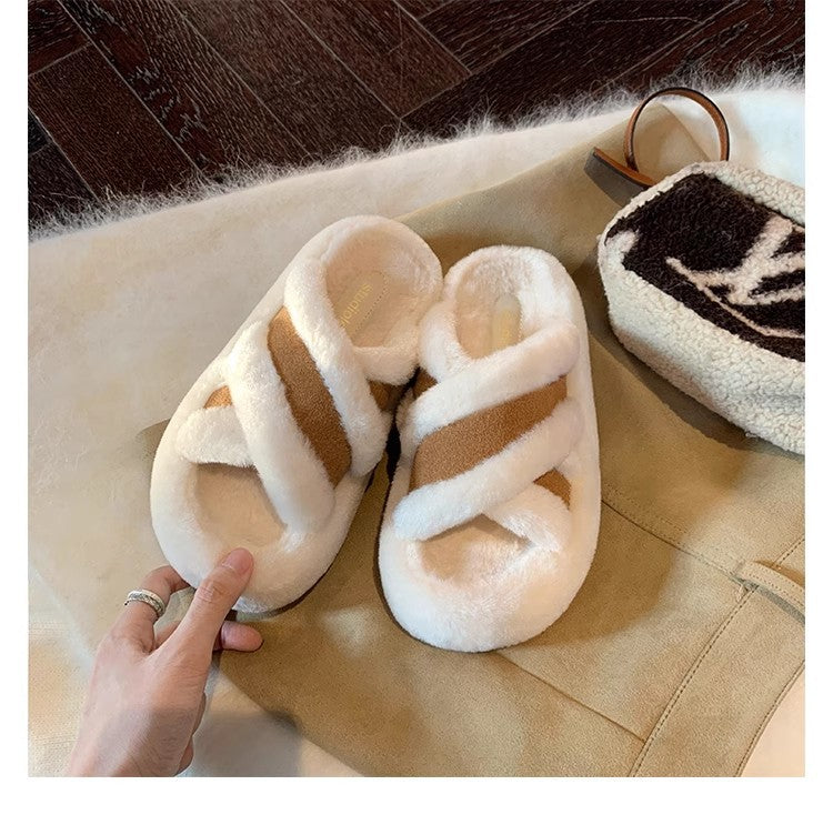 Shirley | Classic Fuzzy Cross-Strap Slippers with Cozy Fleece Lining