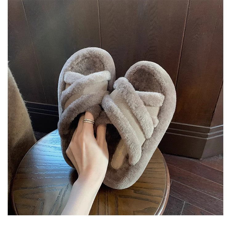 Shirley | Classic Fuzzy Cross-Strap Slippers with Cozy Fleece Lining