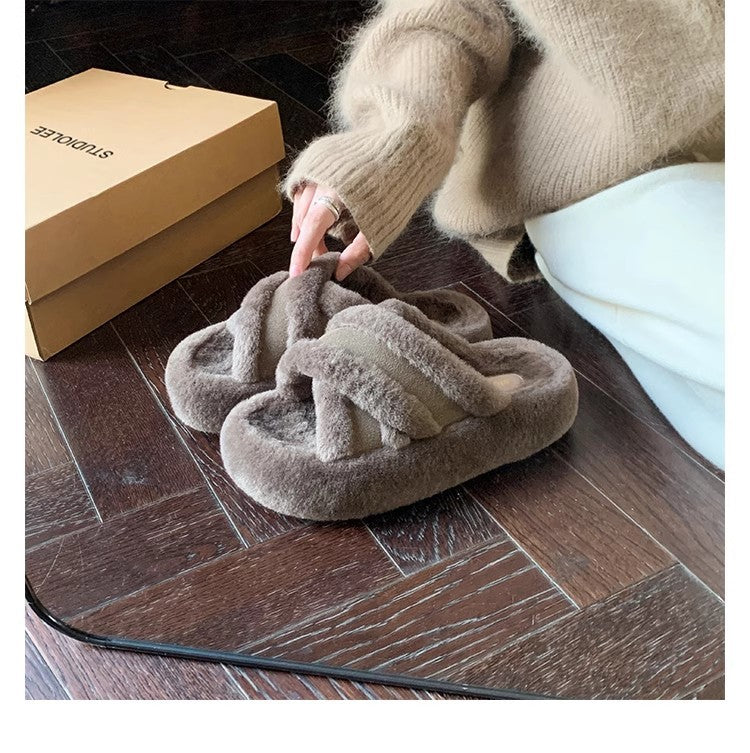 Shirley | Classic Fuzzy Cross-Strap Slippers with Cozy Fleece Lining