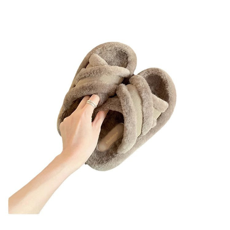 Shirley | Classic Fuzzy Cross-Strap Slippers with Cozy Fleece Lining