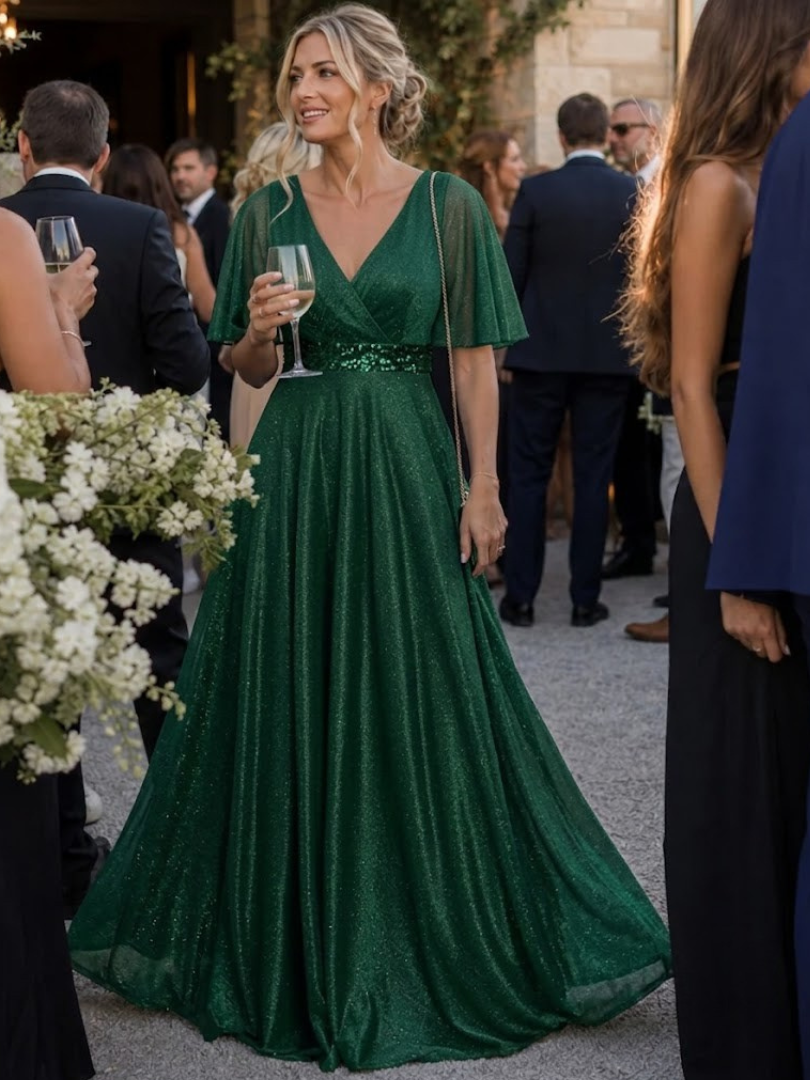 Shirley | Effortless Glitter V-Neck Christmas Dress with Flutter Sleeves