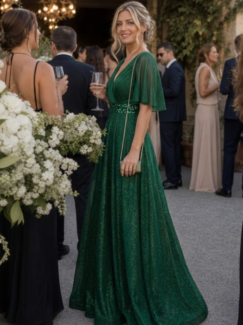 Shirley | Effortless Glitter V-Neck Christmas Dress with Flutter Sleeves