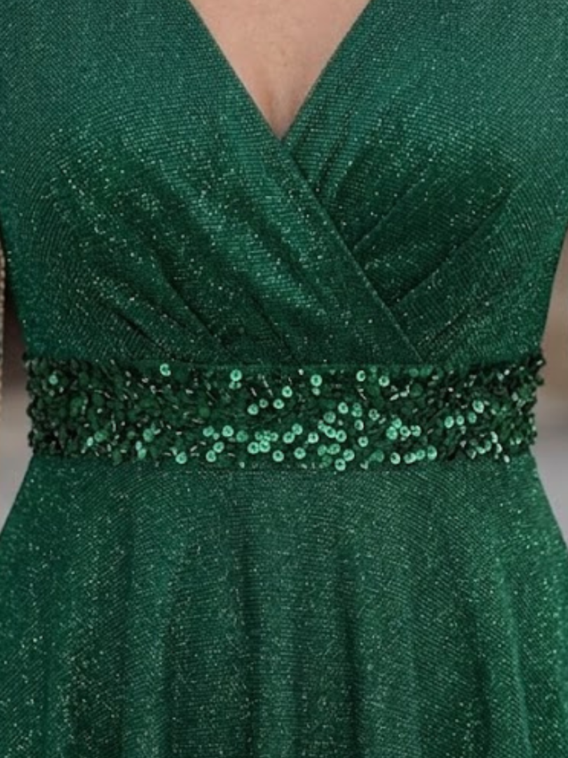 Shirley | Effortless Glitter V-Neck Christmas Dress with Flutter Sleeves