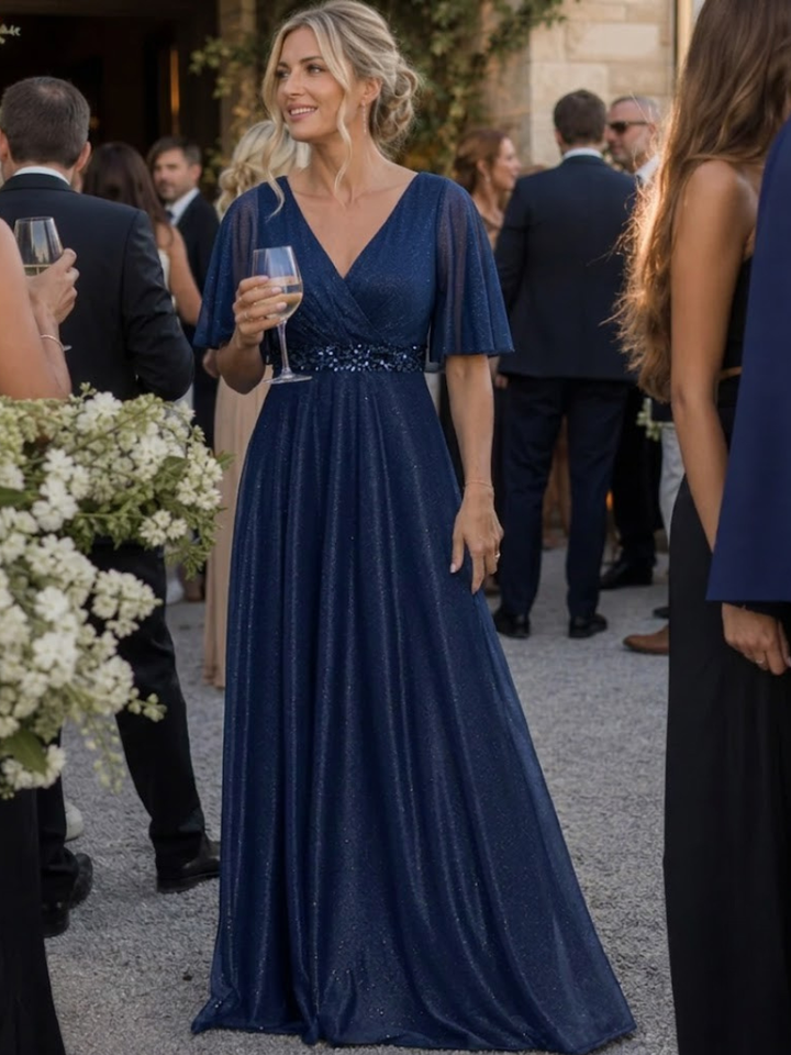 Shirley | Effortless Glitter V-Neck Christmas Dress with Flutter Sleeves