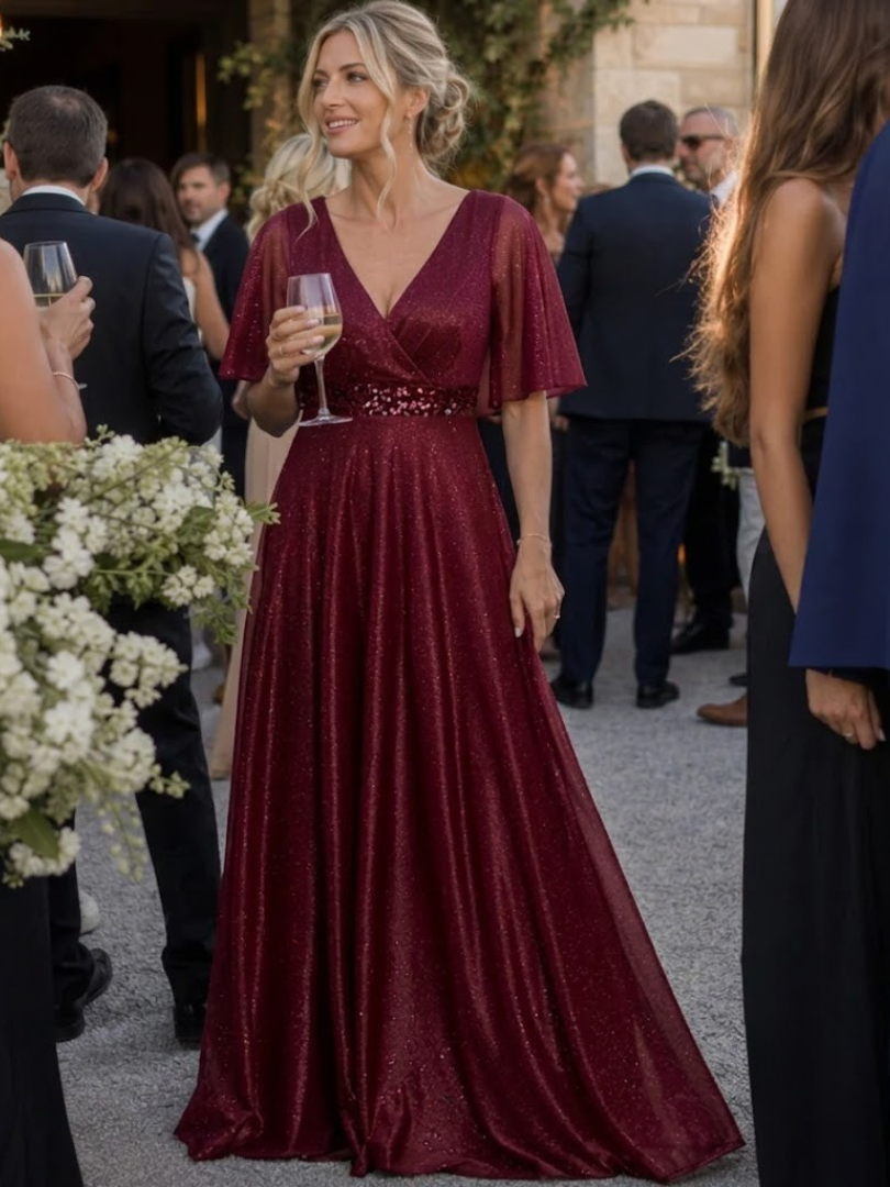 Shirley | Effortless Glitter V-Neck Christmas Dress with Flutter Sleeves