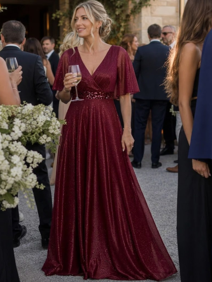 Shirley | Effortless Glitter V-Neck Christmas Dress with Flutter Sleeves