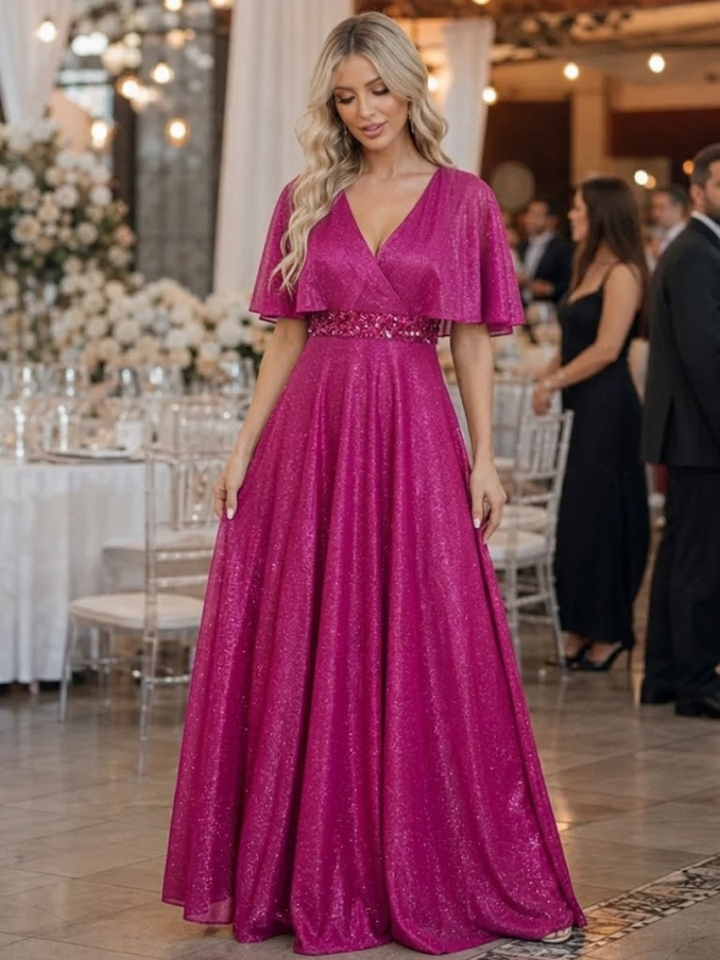Shirley | Effortless Glitter V-Neck Christmas Dress with Flutter Sleeves