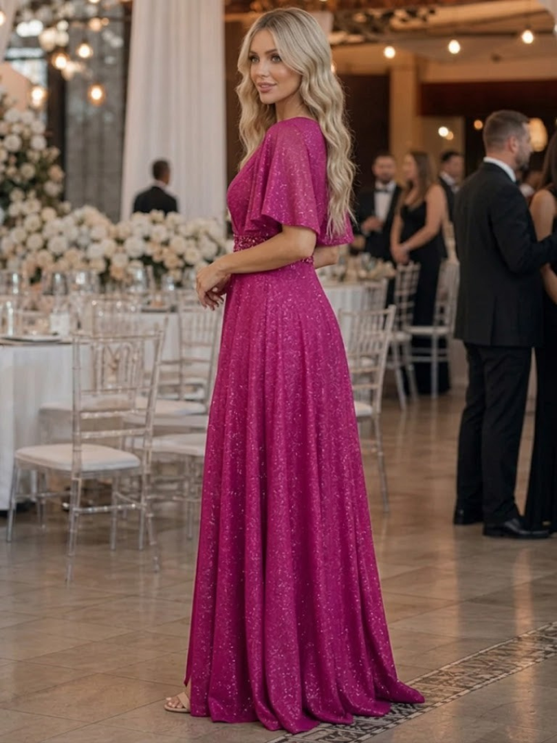 Shirley | Effortless Glitter V-Neck Christmas Dress with Flutter Sleeves