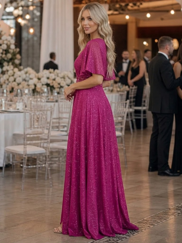Shirley | Effortless Glitter V-Neck Christmas Dress with Flutter Sleeves