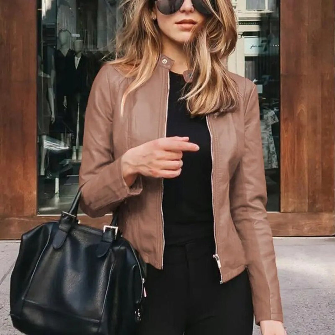 Stephanie | Classic Fitted Moto Leather Jacket with Band Collar