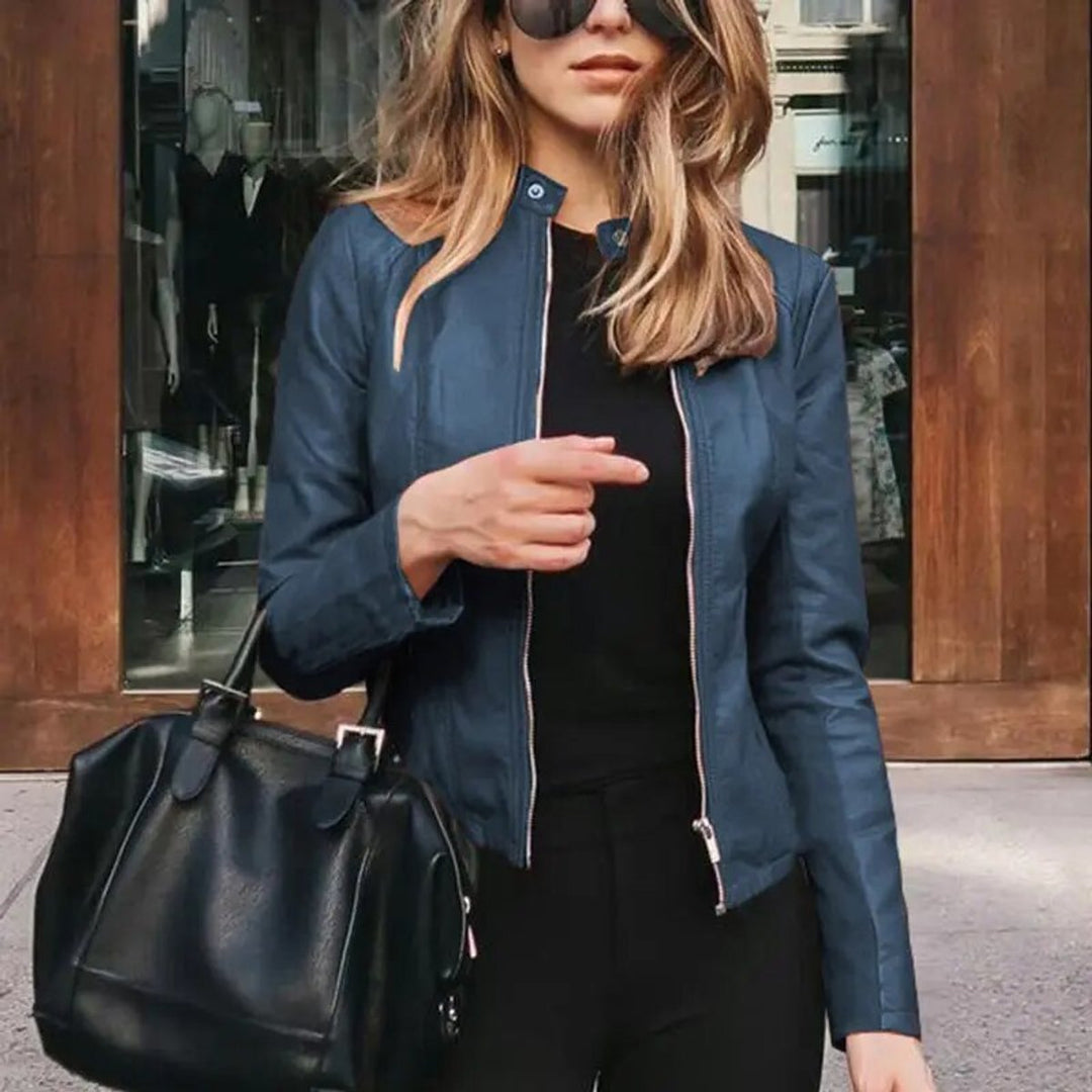 Stephanie | Classic Fitted Moto Leather Jacket with Band Collar