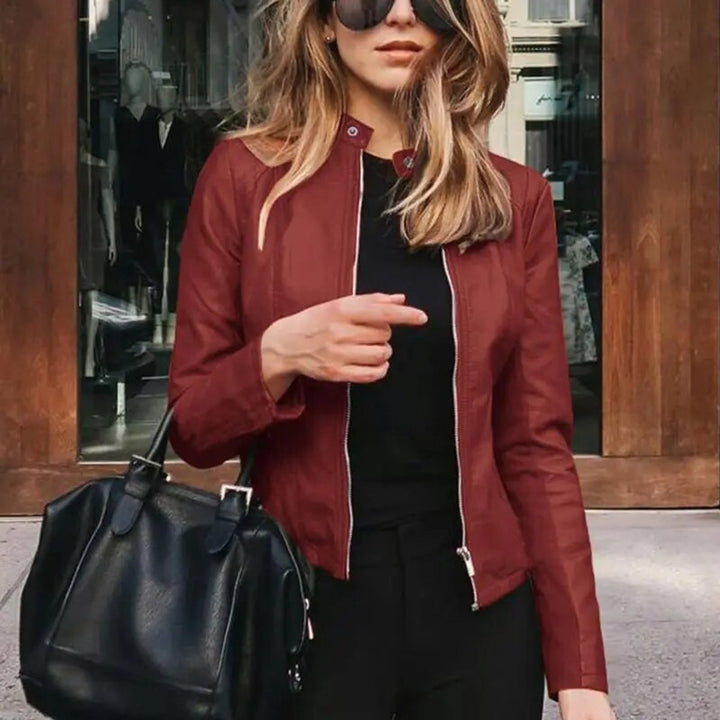 Stephanie | Classic Fitted Moto Leather Jacket with Band Collar