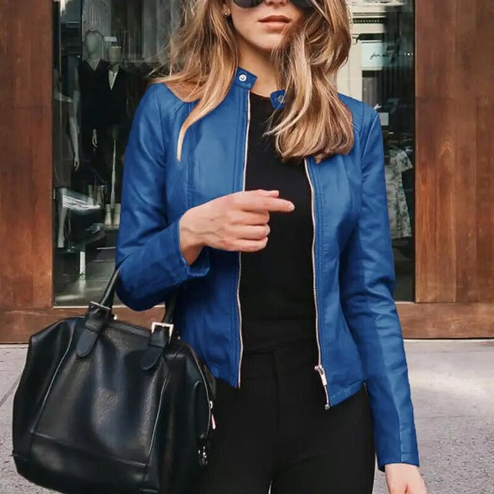 Stephanie | Classic Fitted Moto Leather Jacket with Band Collar