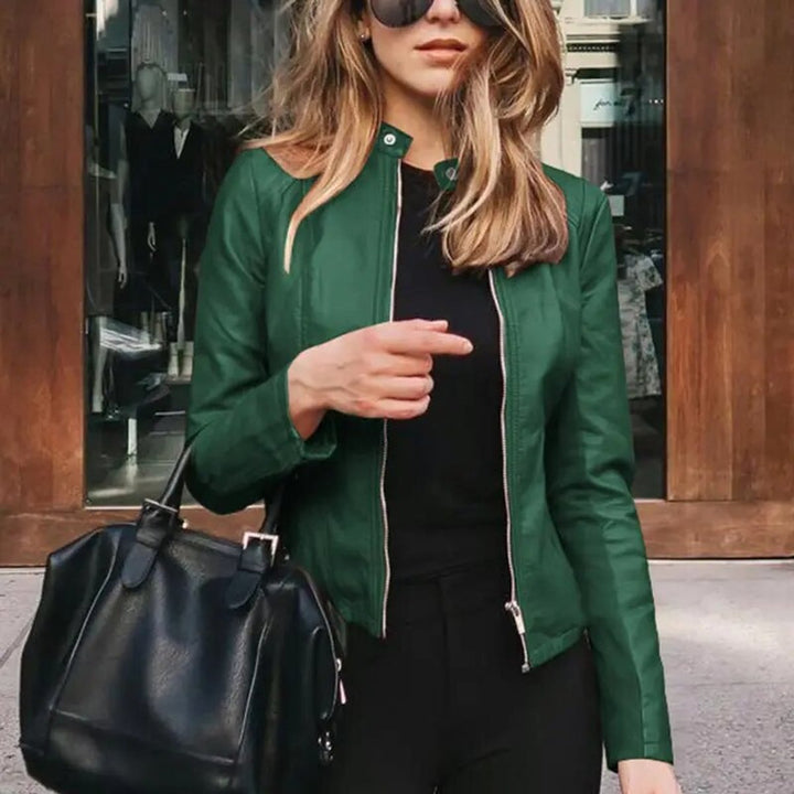 Stephanie | Classic Fitted Moto Leather Jacket with Band Collar