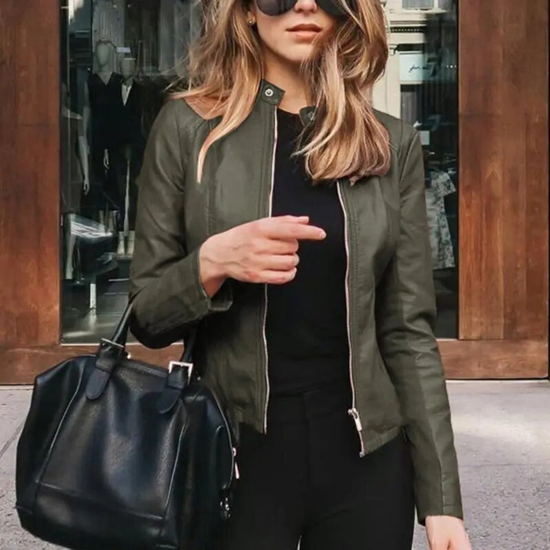 Stephanie | Classic Fitted Moto Leather Jacket with Band Collar