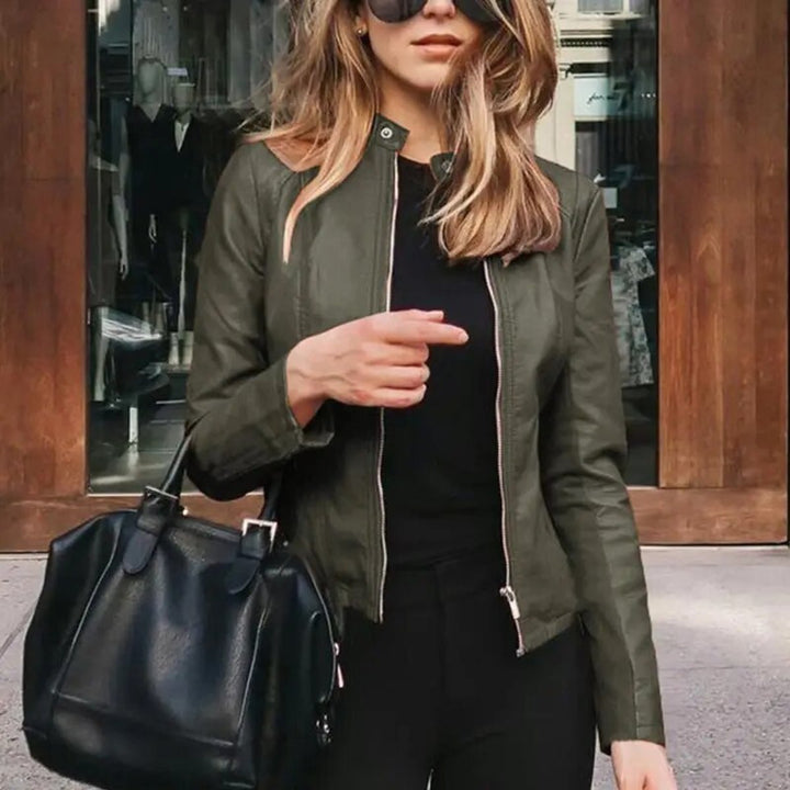 Stephanie | Classic Fitted Moto Leather Jacket with Band Collar