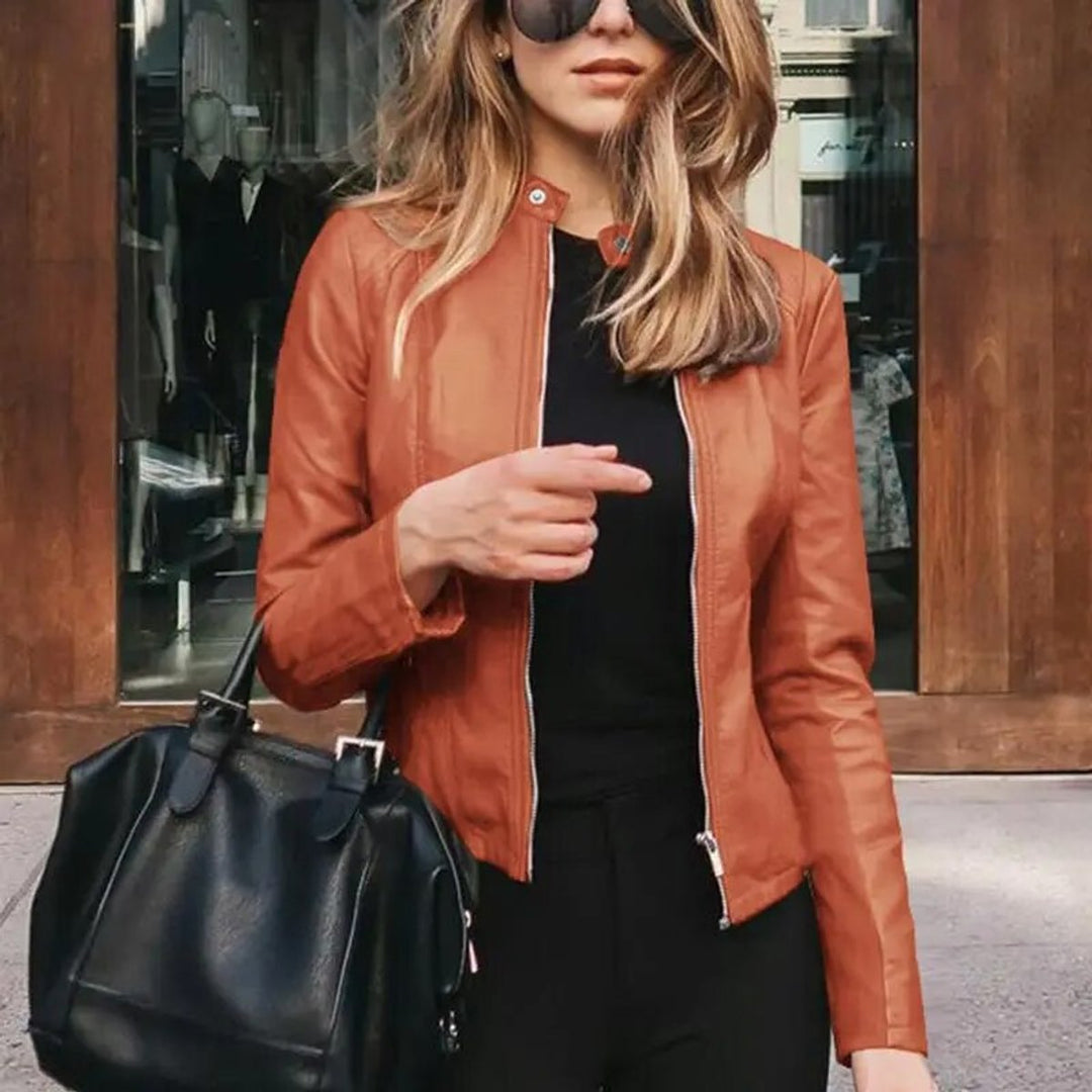 Stephanie | Classic Fitted Moto Leather Jacket with Band Collar