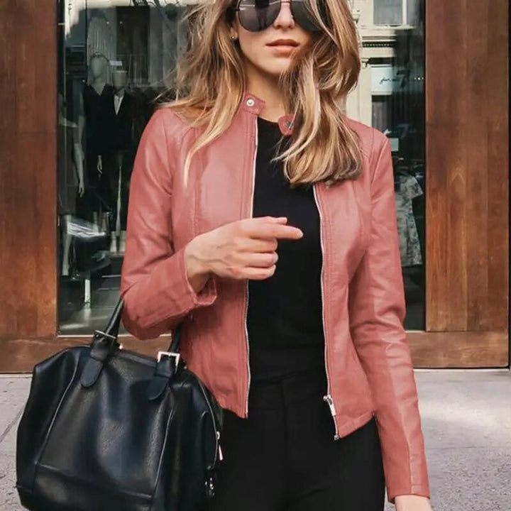 Stephanie | Classic Fitted Moto Leather Jacket with Band Collar
