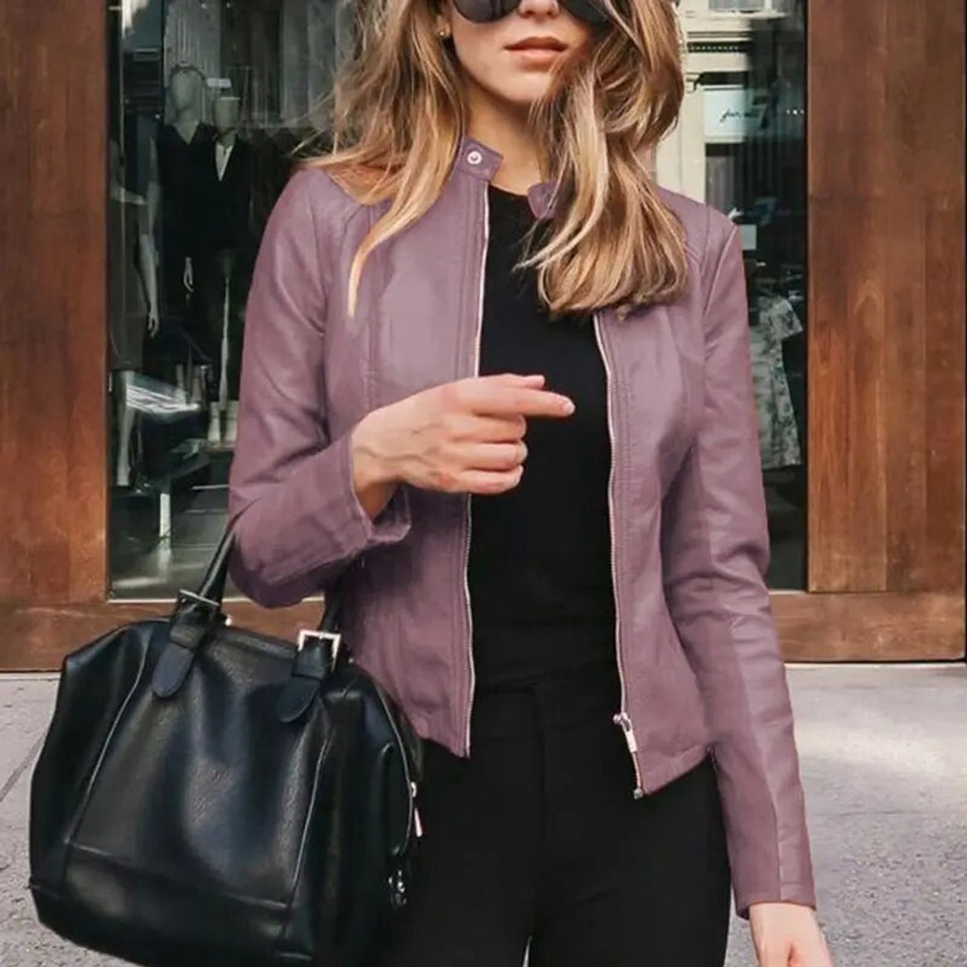 Stephanie | Classic Fitted Moto Leather Jacket with Band Collar