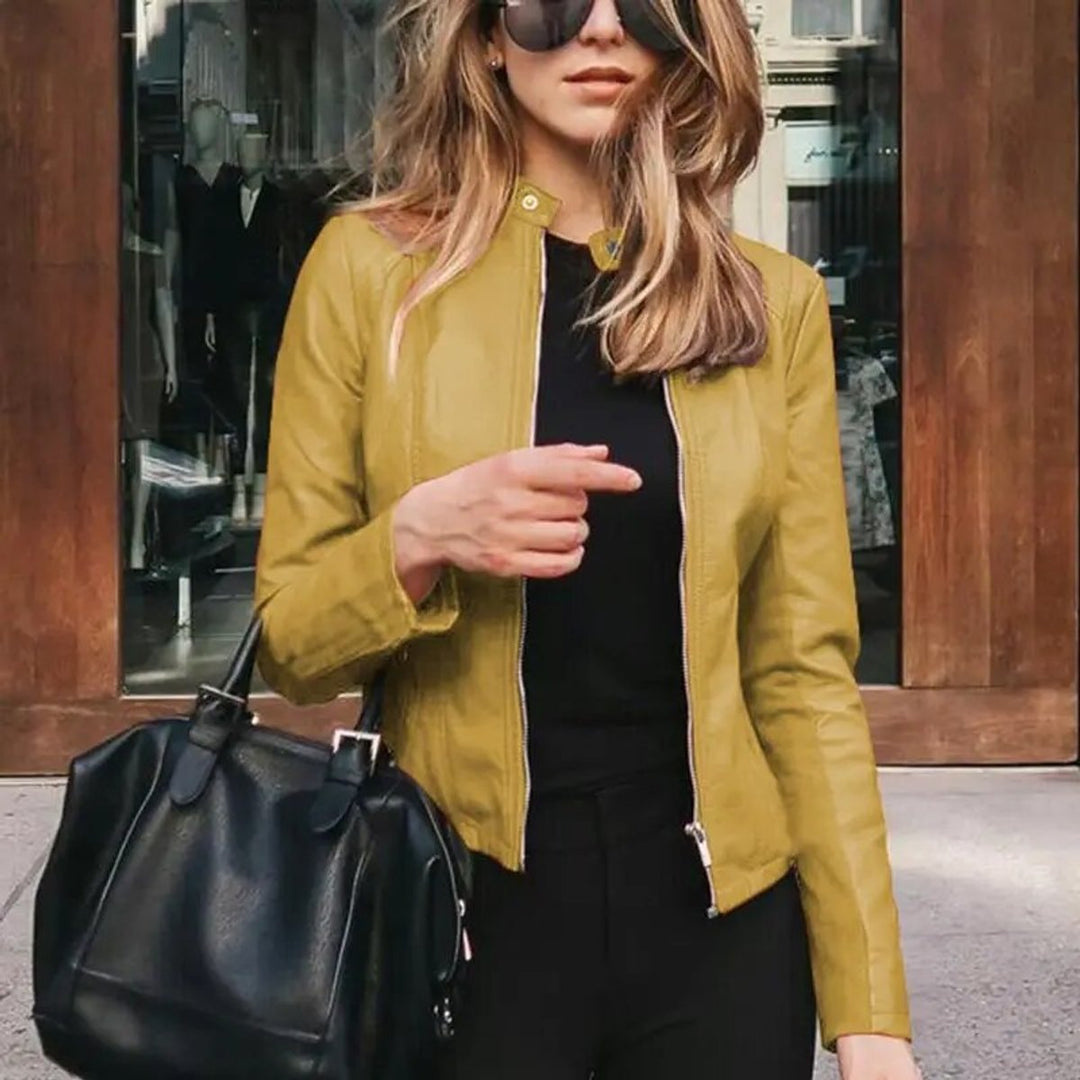 Stephanie | Classic Fitted Moto Leather Jacket with Band Collar