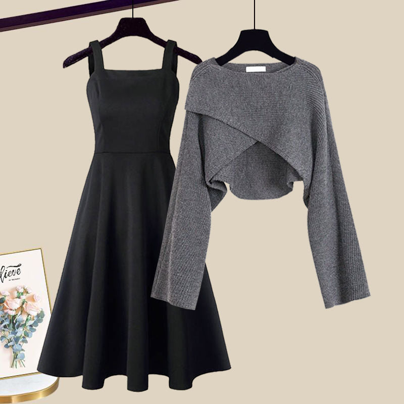 Stephanie | Graceful Layered Sweater Dress Set with Cropped Cardigan