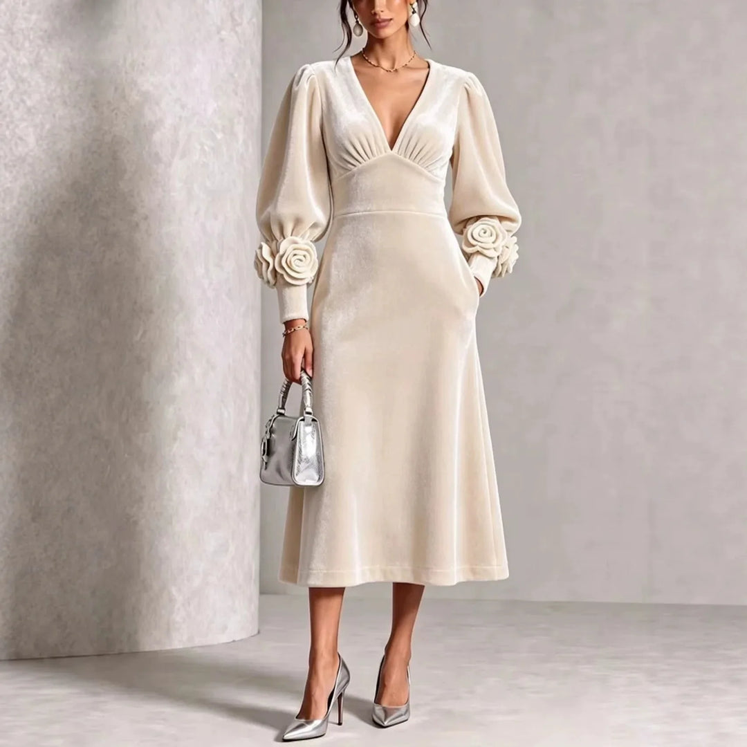 Stephanie | Stylish Rosette Long Sleeve Midi Christmas Dress