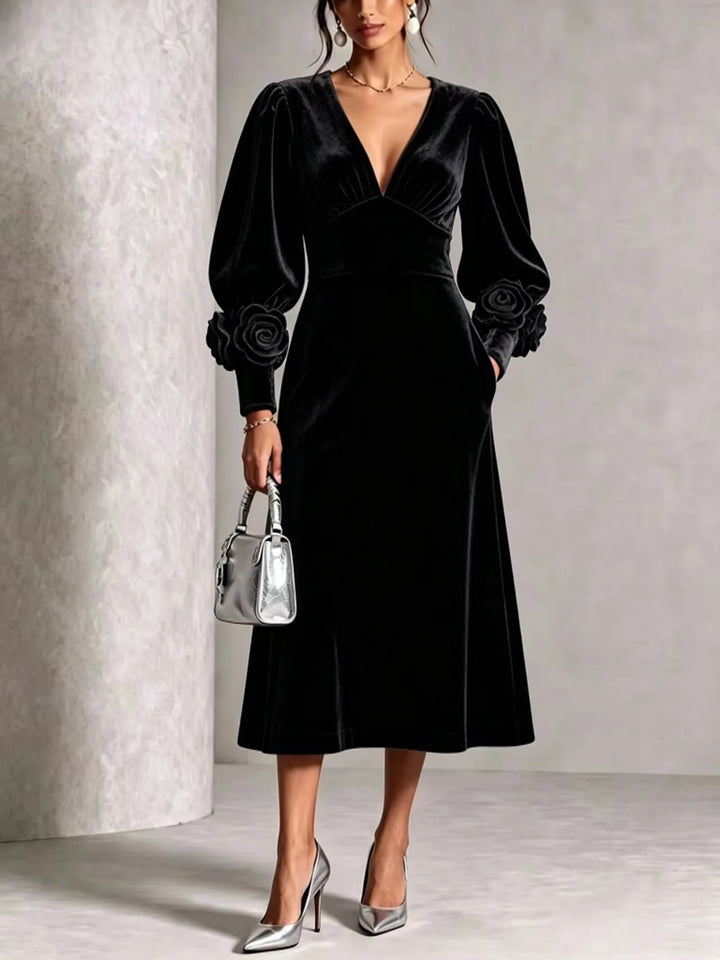 Stephanie | Stylish Rosette Long Sleeve Midi Christmas Dress