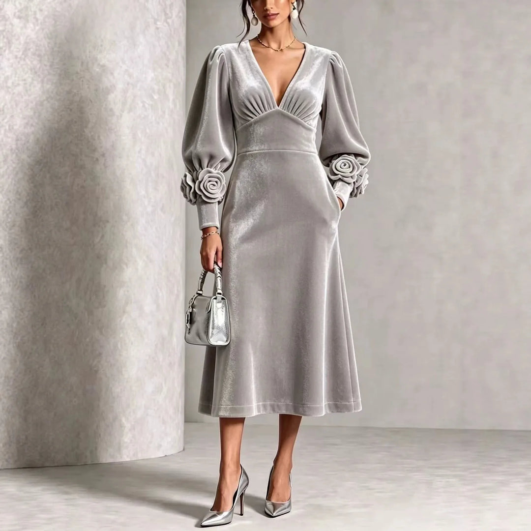 Stephanie | Stylish Rosette Long Sleeve Midi Christmas Dress